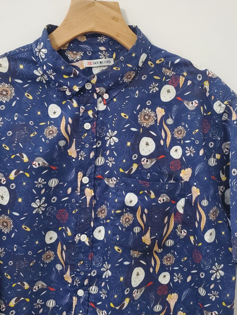 32 Bar Blues Short Sleeve Button Down Shirt Navy Bird Print Mens XL - Picture 3 of 7